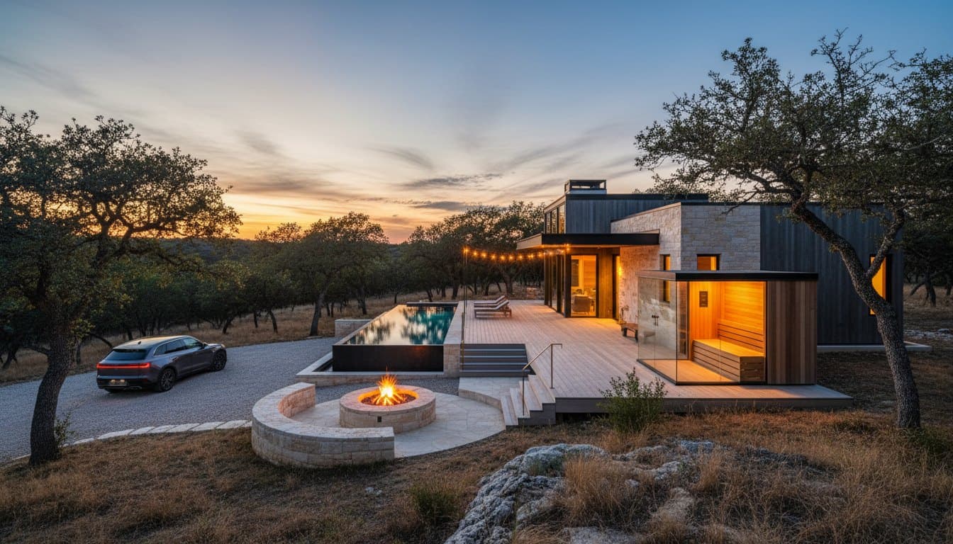 The whole property, lit