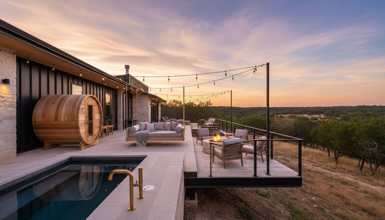 Rental amenity deck with sauna and cold plunge at golden hour